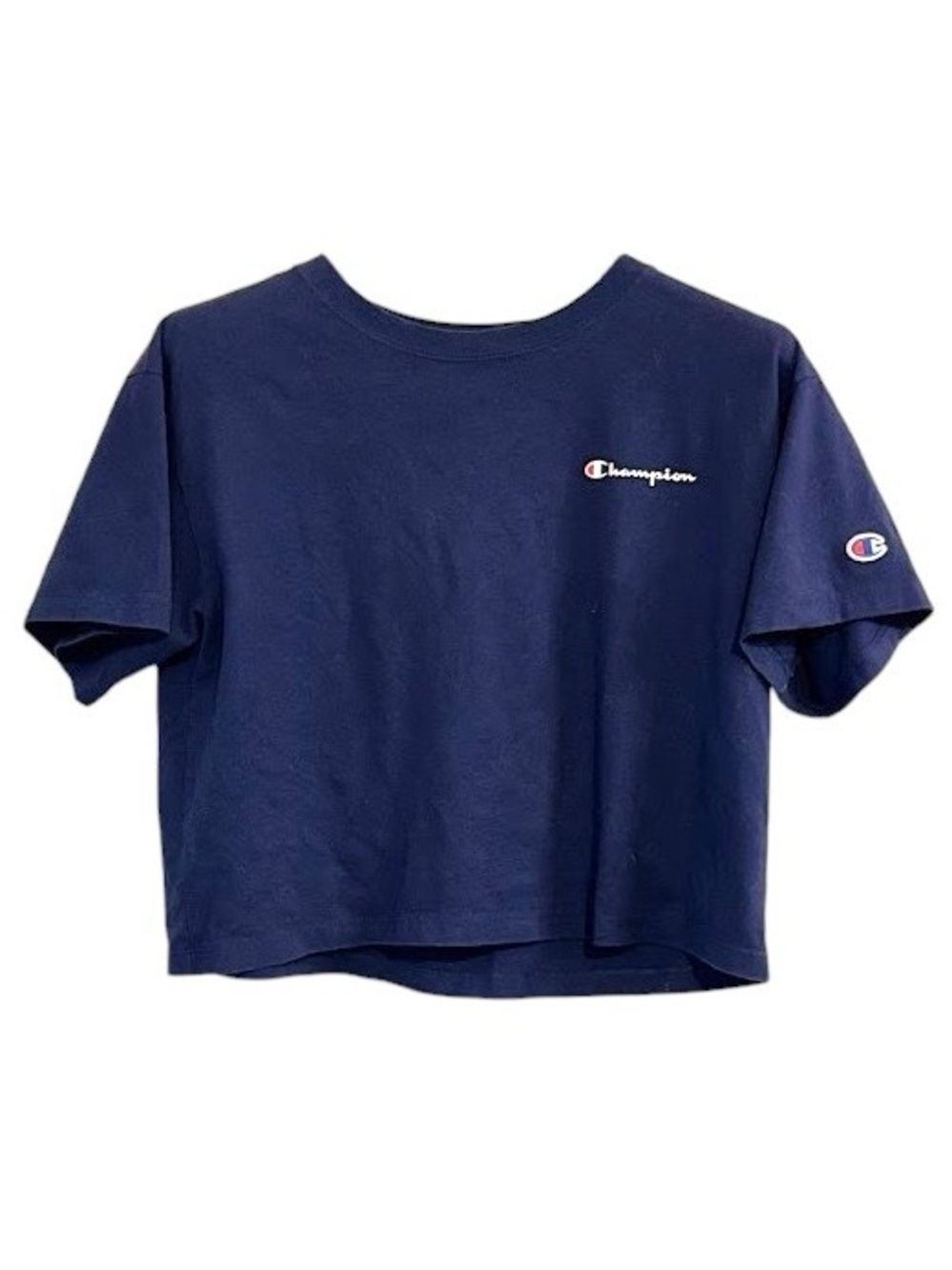 Champion Women's Classic Script Logo Cropped Blue Boxy T-Shirt Size S